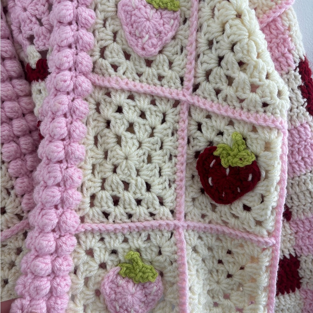 Handmade Crochet Strawberry Picnic Cardigan Checkerboard Pattern - Picture 3 of 12